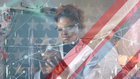 network of connections against african american female scientist working at laboratory