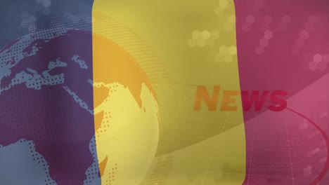 animation of globe and breaking news over flag of belgium