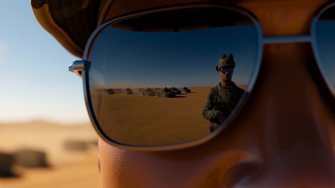 Close view of reflective sunglasses captures surrounding desert scenery in lens surface as face fills frame, with warm sunlight, soft background blur, and calm outdoor visual details.