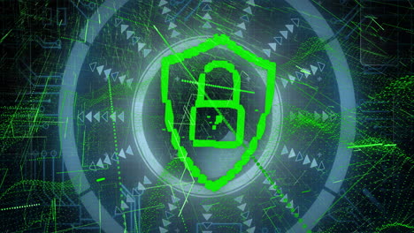 animación del procesamiento de datos y el icono del candado sobre un fondo oscuro