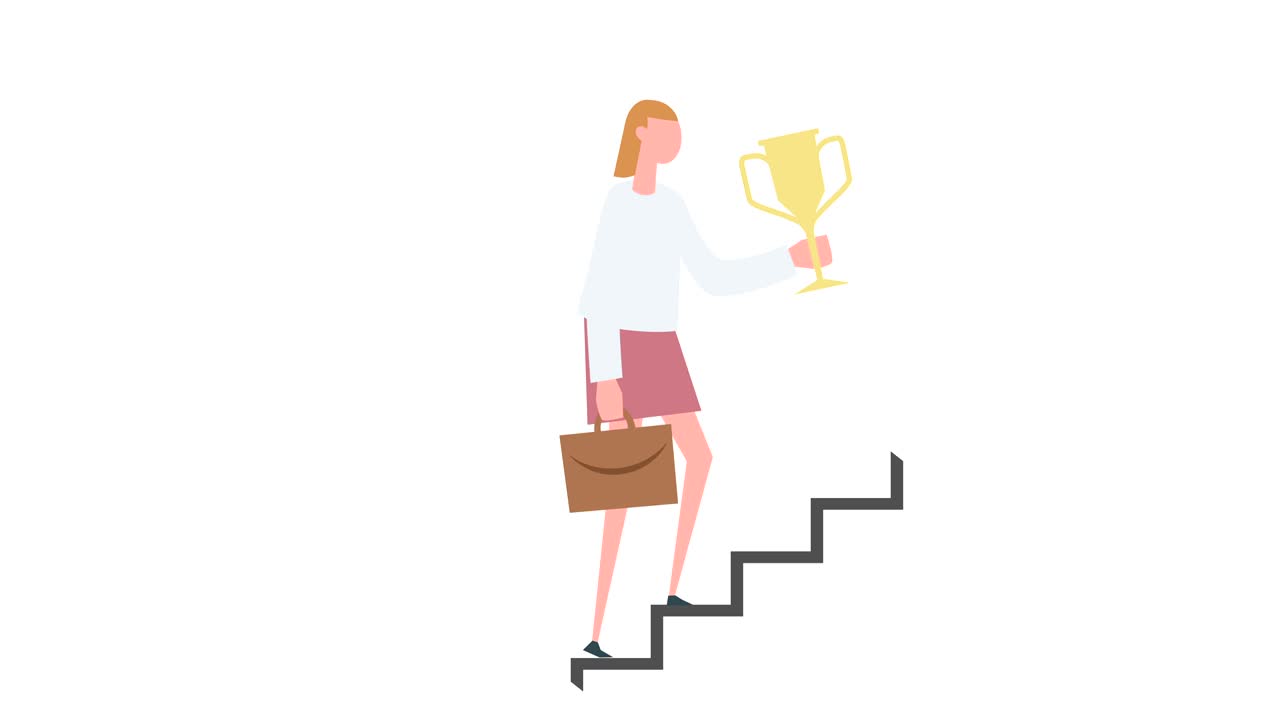 animación de personajes de mujeres coloridas. niña sube en la escalera de la carrera con la copa del campeón