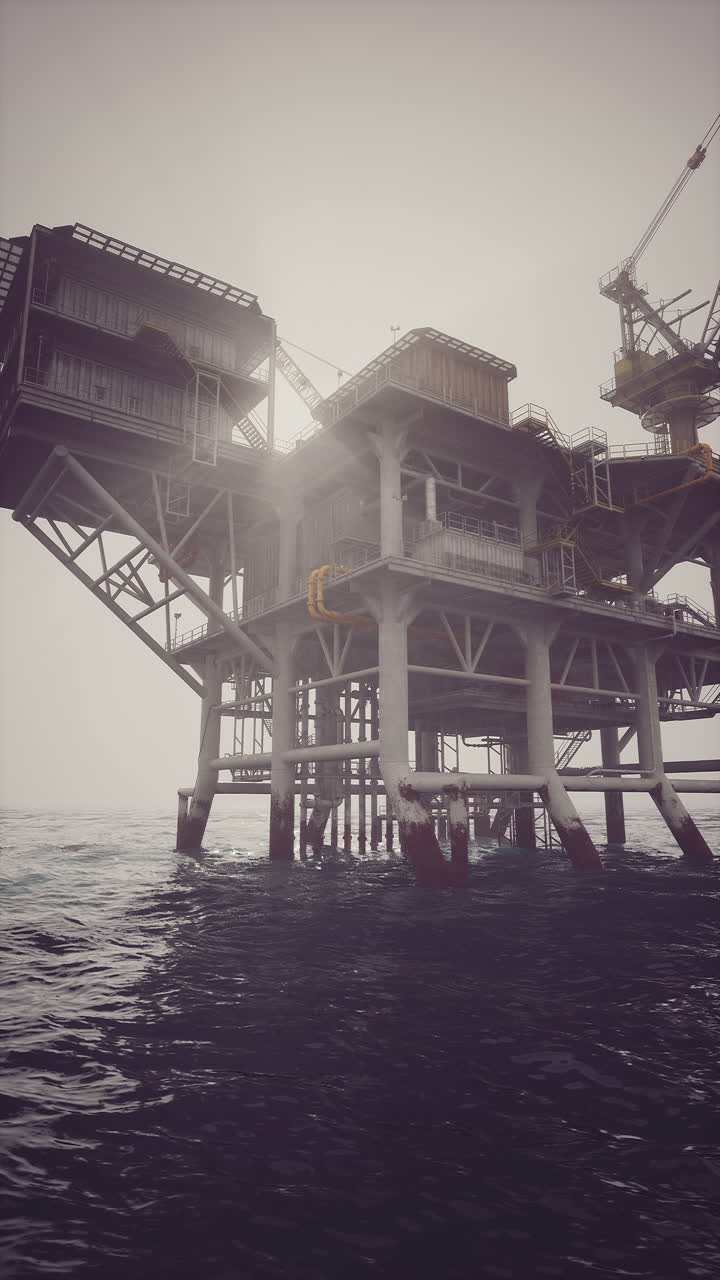 Udforskning af en boreplatform, der står højt over uroligt havvand på en skyet dag