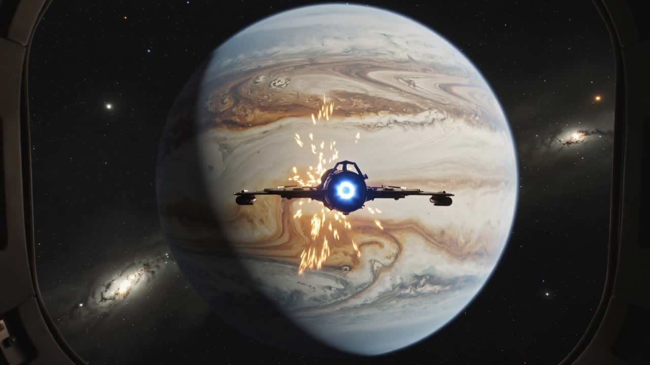 Nave monomotor deslizando, emitindo faíscas na parte traseira do motor, vista através de uma vigia perto de um gigante gasoso com anéis.