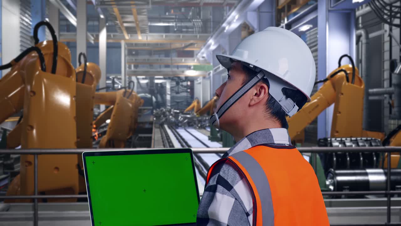Close Up Back View Of Asian Male Engineer With Safety Helmet Working On A Green Screen Laptop And Looking Around While Standing With Industrial Robotic Arms Working