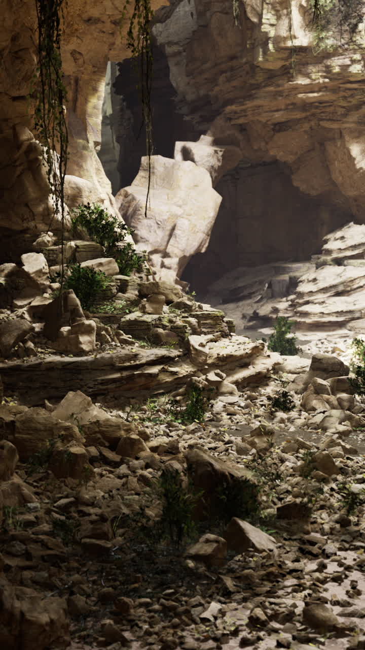 Exploring a mystical cavern with rocks and lush greenery