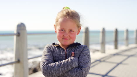 young girl child, face and beach to smile