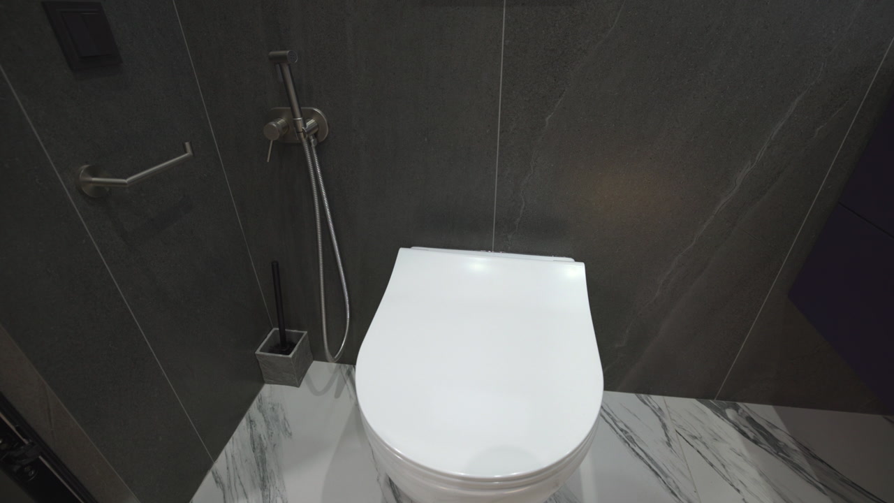 Modern Bathroom White Toilet Marble Floor, Closeup View Of Porcelain Bowl With Handheld Bidet Spray, Matte . Media