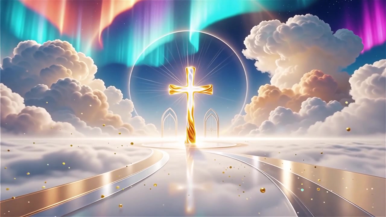 キリスト教の十字架と神聖な光が輝く礼拝用背景。