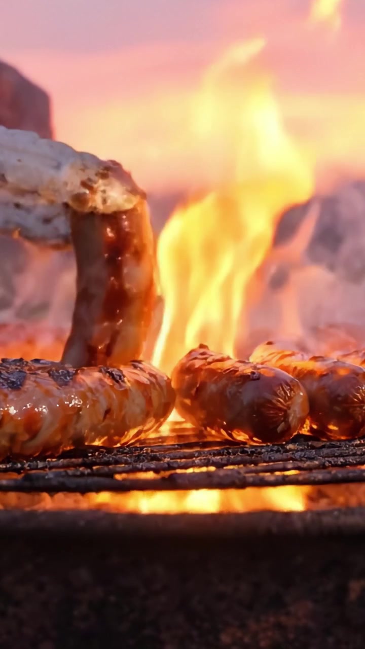 Grigliare salsicce succulente su un fuoco scoppiettante al tramonto - una delizia culinaria catturata in un'atmosfera vibrante e fumosa.