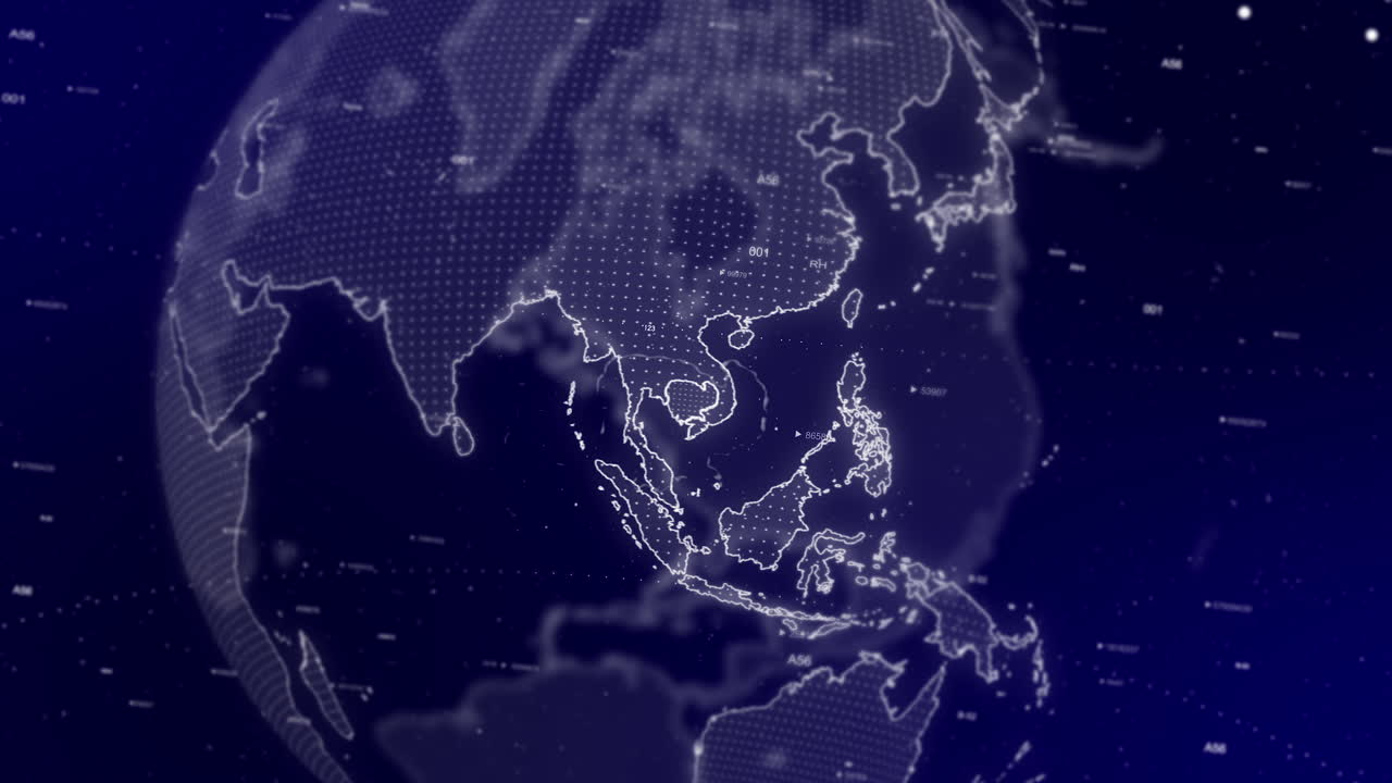 영화적 인 비디오 배경 은  ⁇ 보디아 나라 를 확대 하여 회전 하는 디지털 지구 를 보여 줍니다