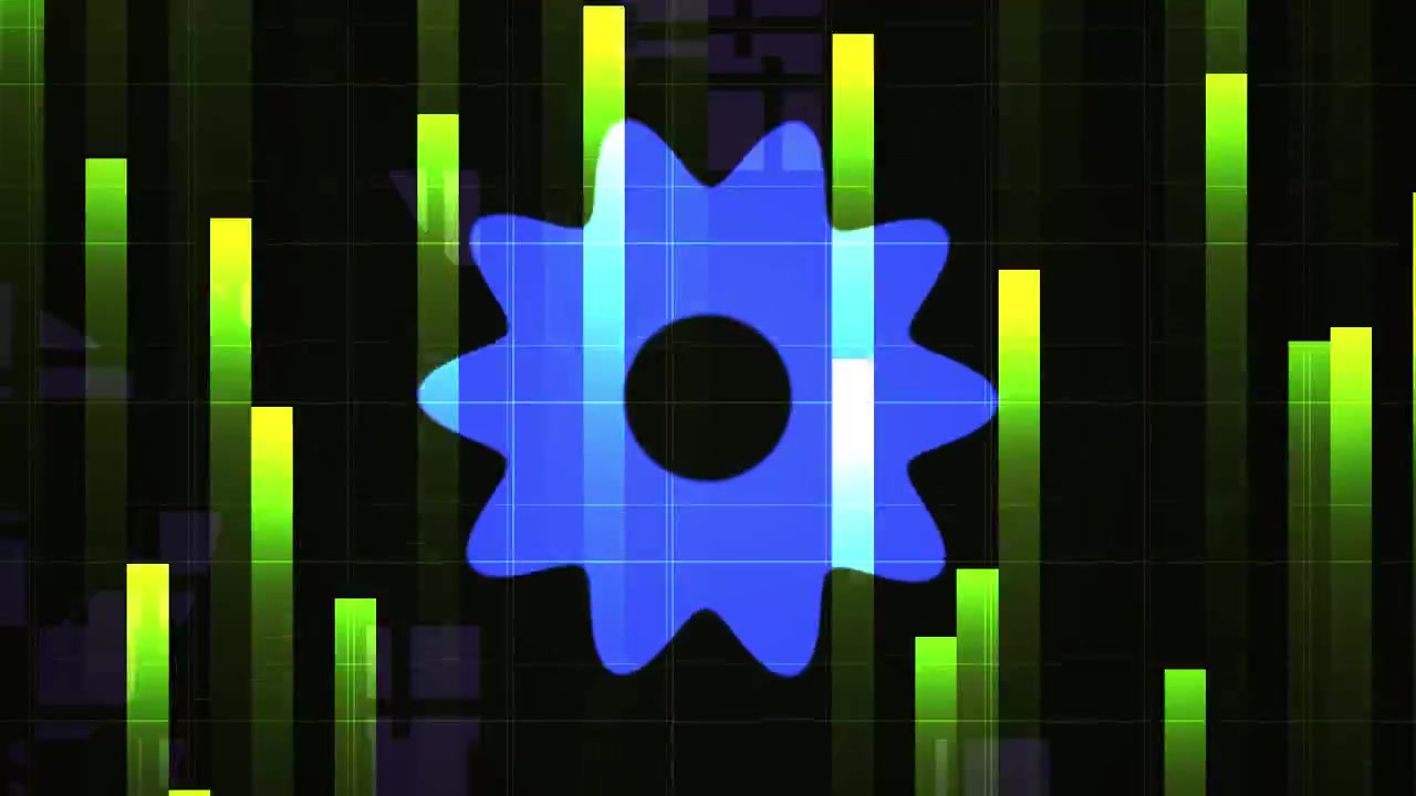 Abstract Digital Gear Animation with Pulsing Equalizer Bars