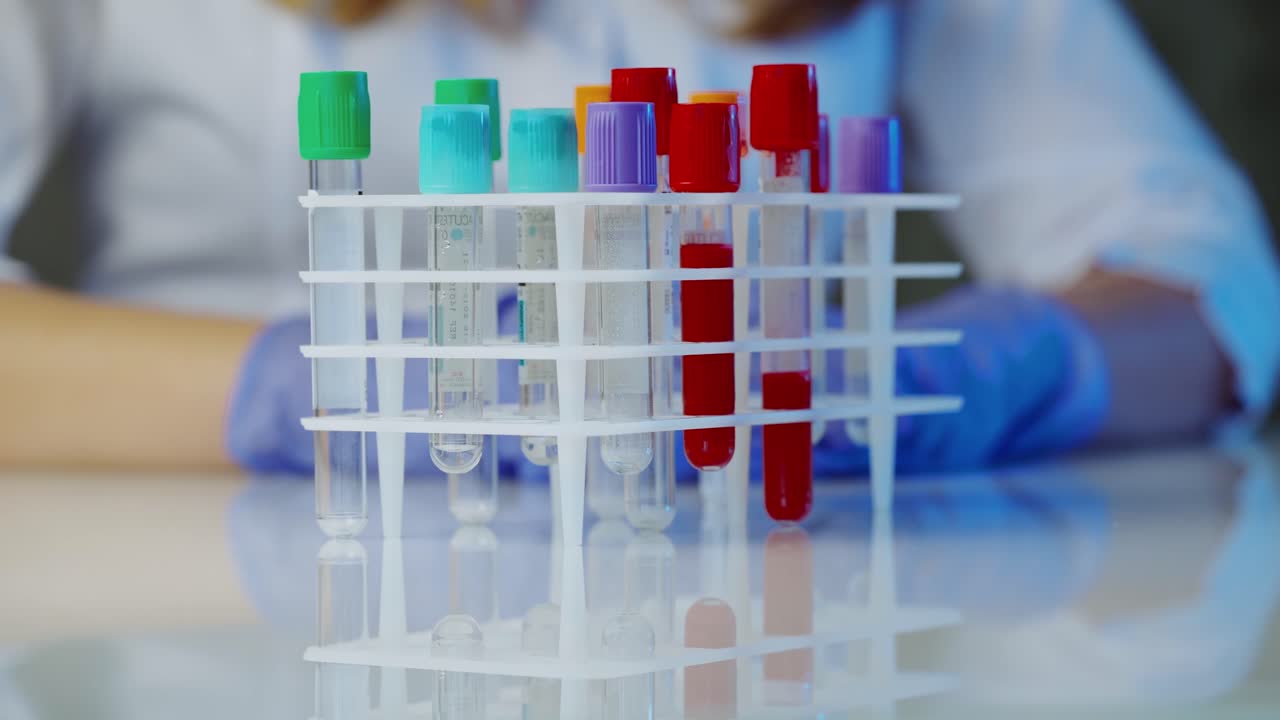 Pharmaceutical and scientific research. Close up of lab technician holding tube with blood sample making and test or research in clinical laboratory