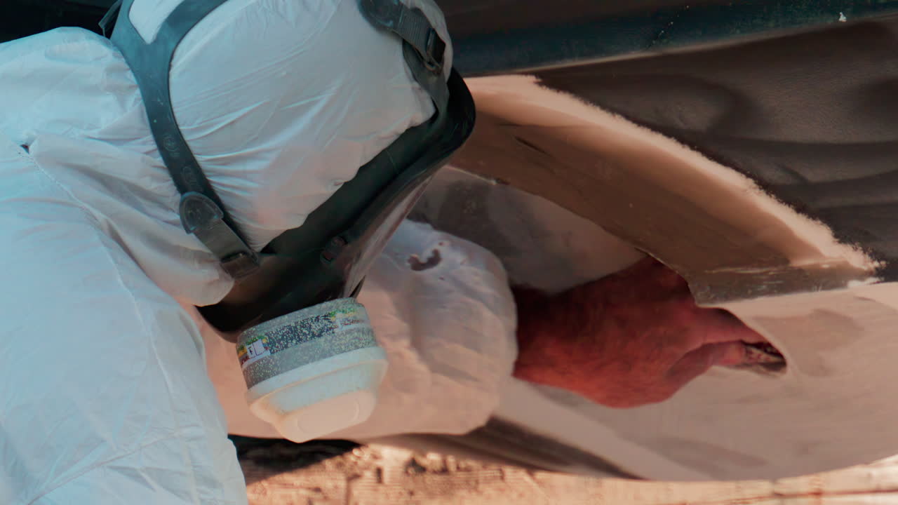 Close up of a craftsman in a protective suit sanding the underside of a boat