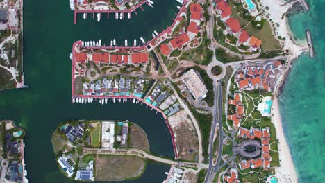 aerial view above the cap cana marina, sunny punta cana, dr - cenital, drone shot