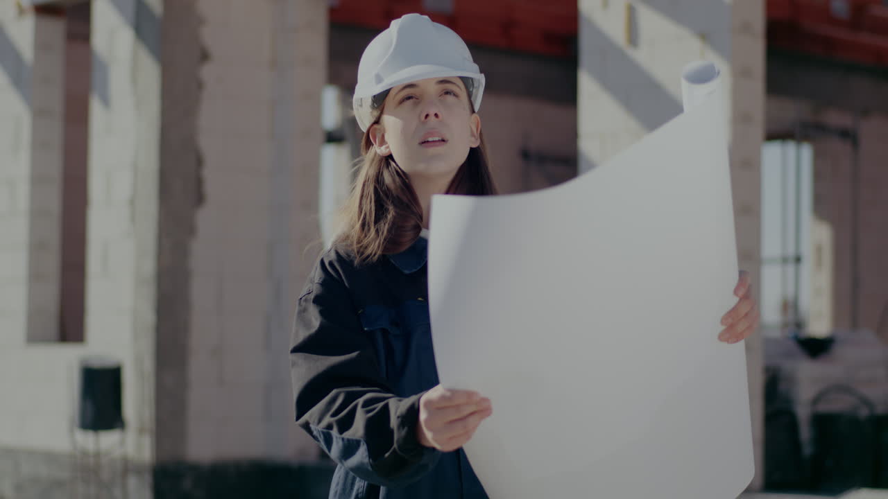 Lockdown shot of confident young female architect wearing white hardhat analyzing blueprint at construction site on sunny day