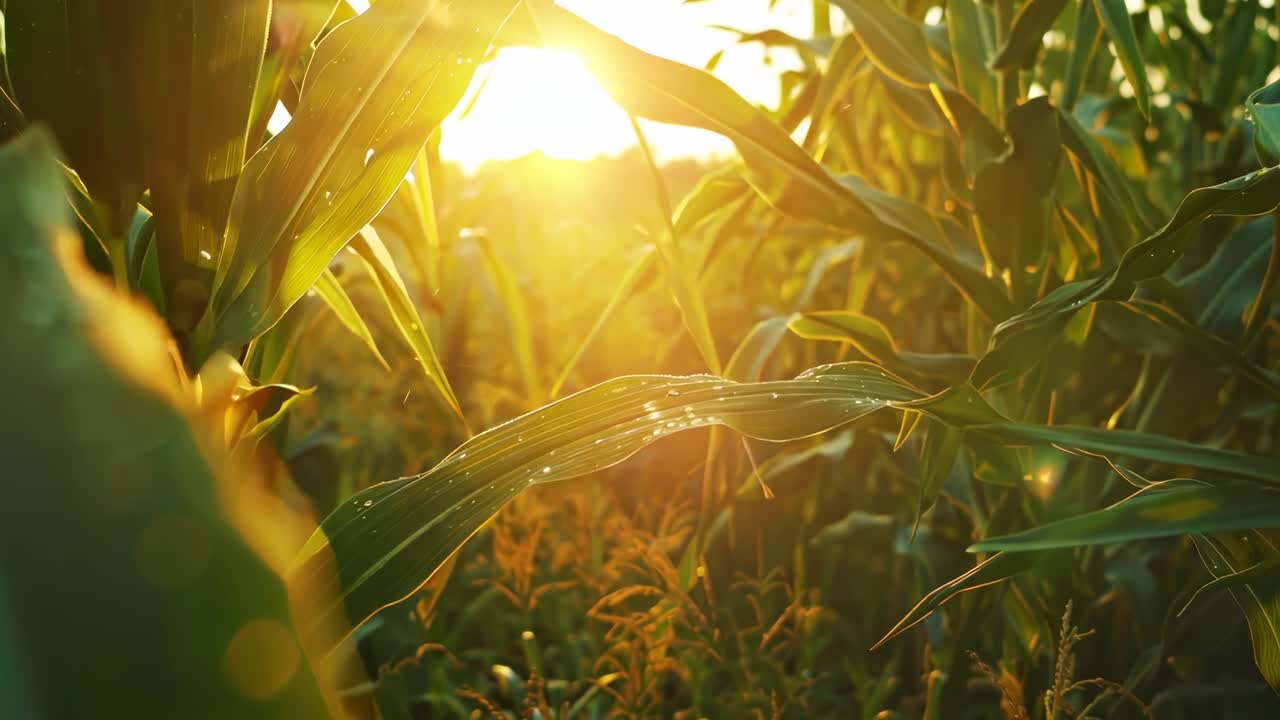 Close-up, low-angle shot of sunlit cornfield with dewdrops, creating a serene, cinematic video feel
