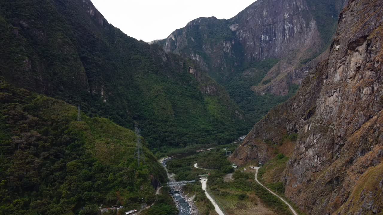 Urubamba River Valley thermal baths Peru aerial drone Inca trail Andes mountains