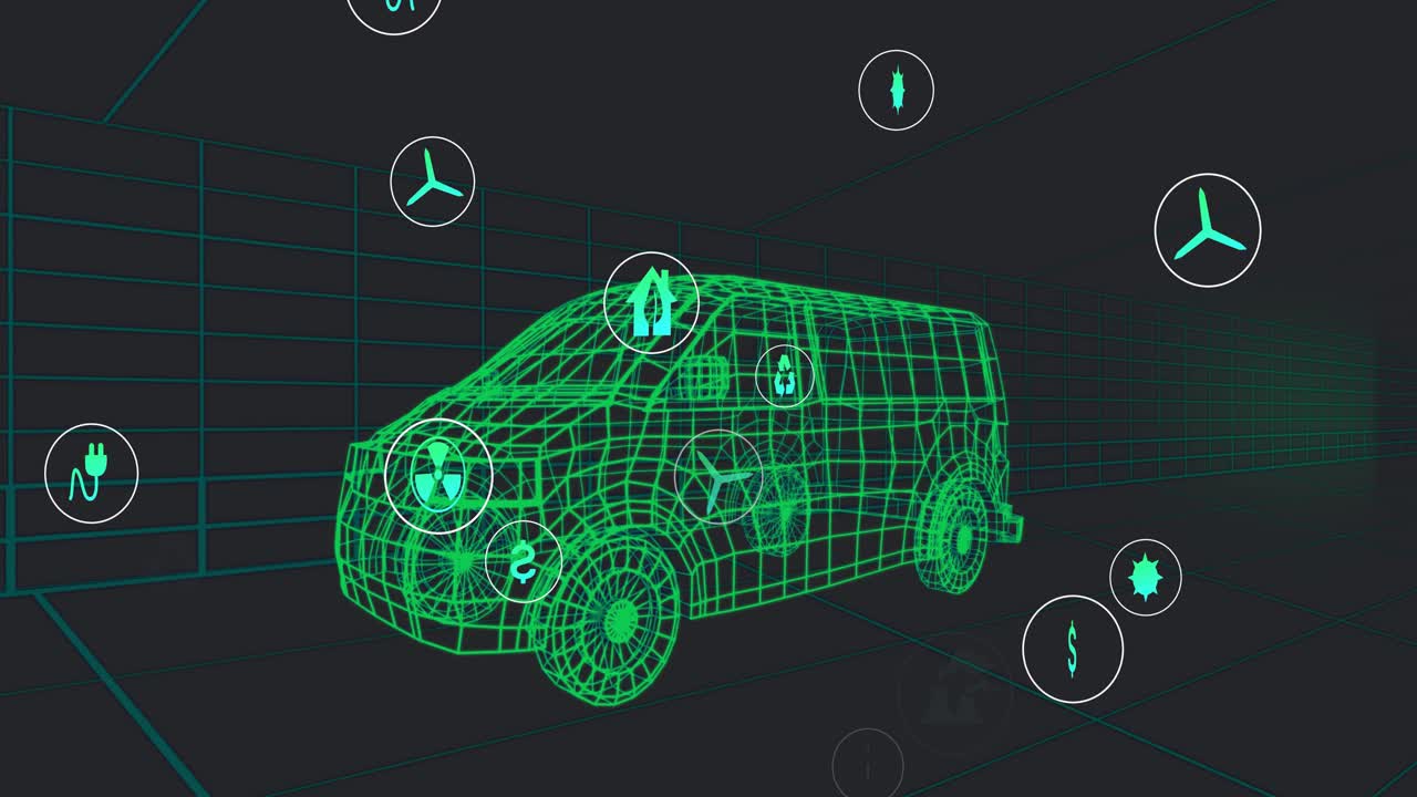 At start wireframe van appearing, icons fading and drifting around van representing energy metrics