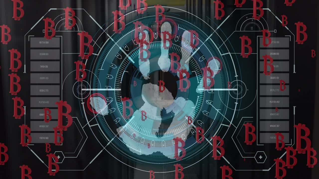 Animation of bitcoin symbols and data processing over scope scanning