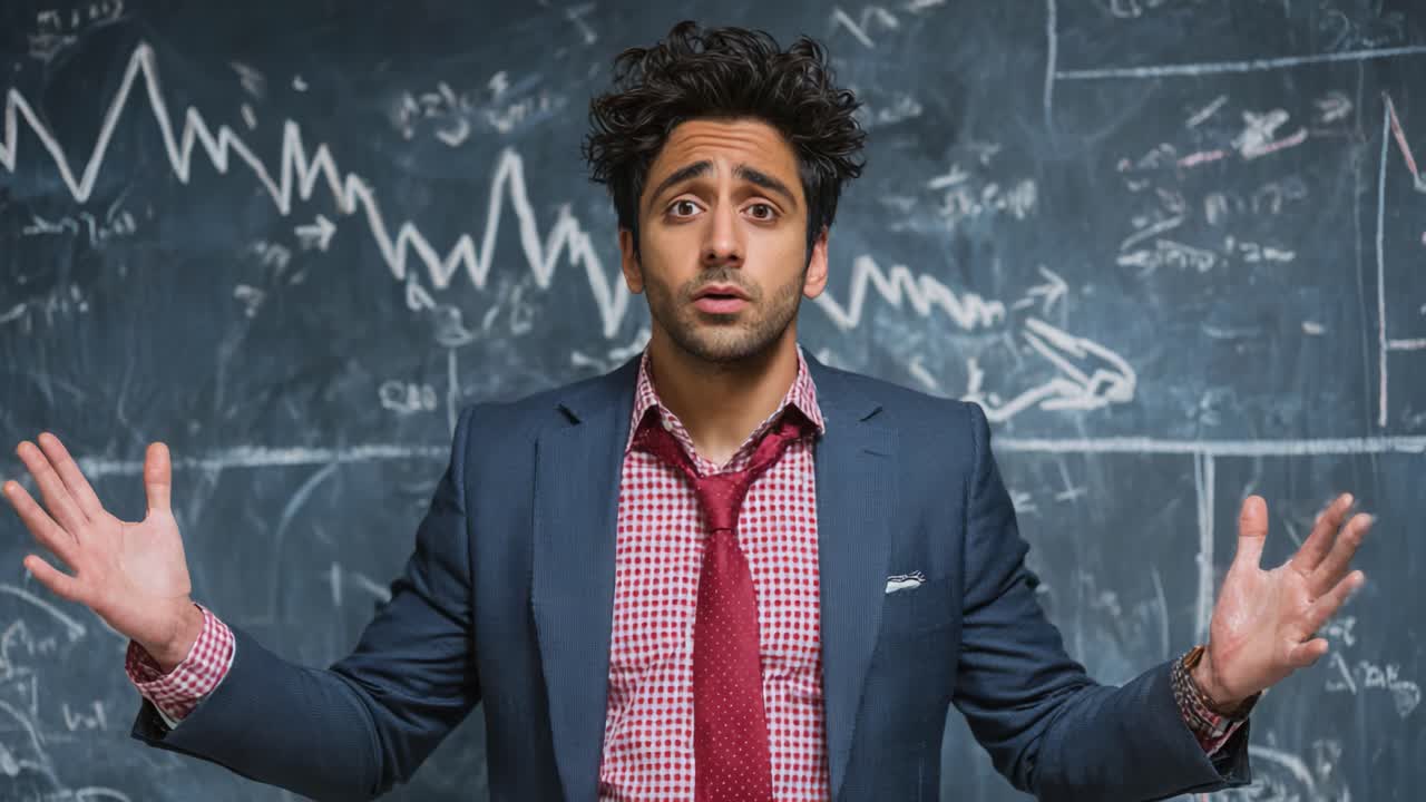 A man in a suit stands perplexedly in front of a chalkboard filled with complex calculations and graphs, conveying confusion and curiosity in a scholarly environment