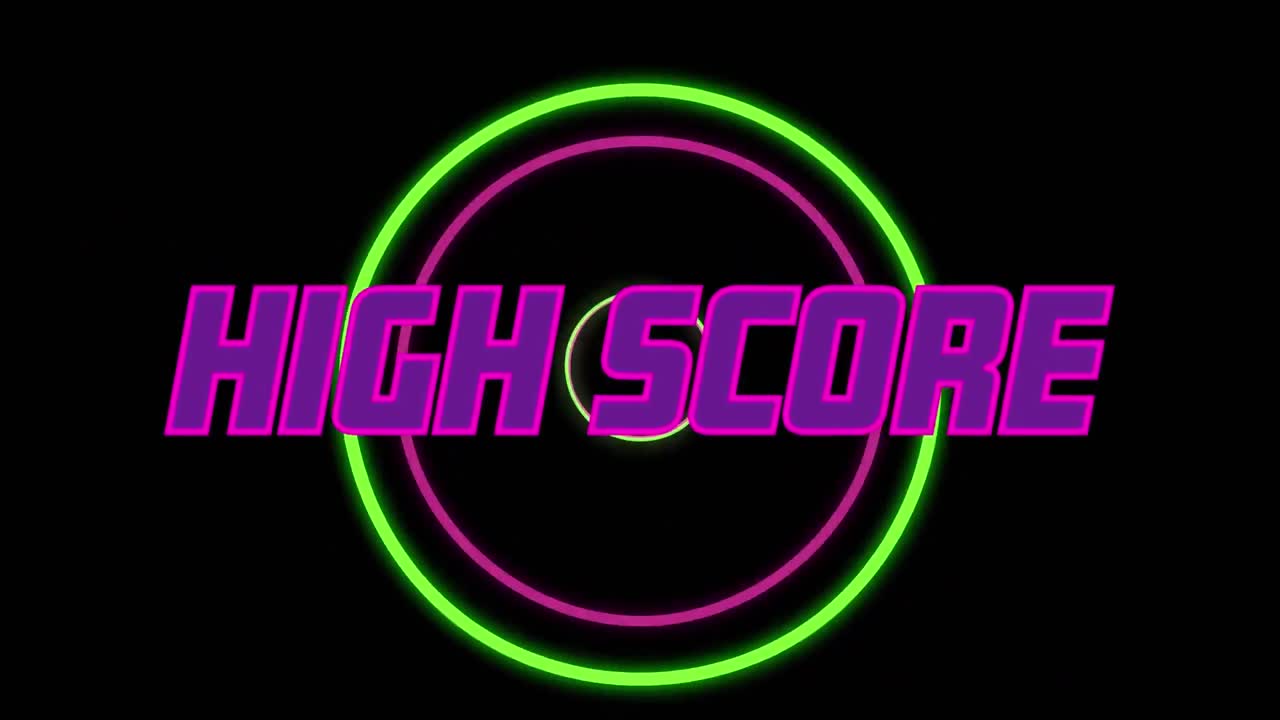 Animation of high score text over colorful shapes on black background