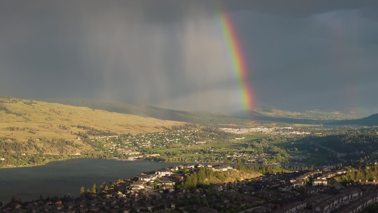 Spion Top Mountain Rainbow Overlooking Wood Lake, | Beasly Reiswig Park, Lakecountry, interior British Columbia, Canada | Okanagan Landscape | Scenic View | Oyama | Panoramic View | Rain Clouds