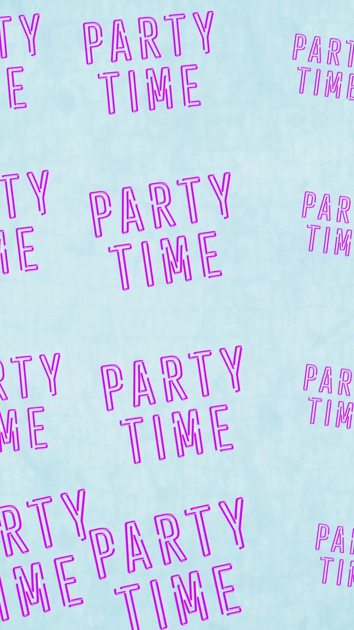 Animace textů „party time“ na světle modrém pozadí