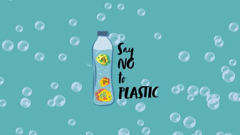 animatie van geen plastic tekst over een plastic fles en vissen