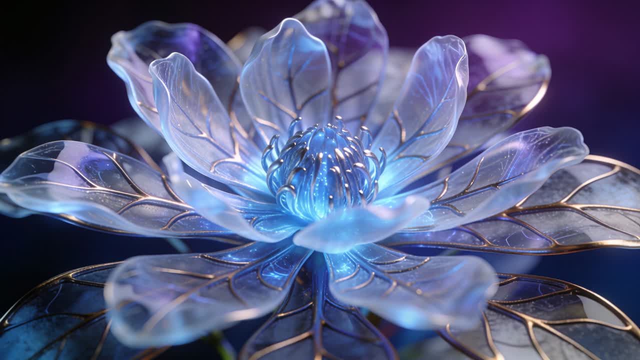 Studio camera tightening on glass bloom unfolding layered petals, lifting gold veins, glowing core