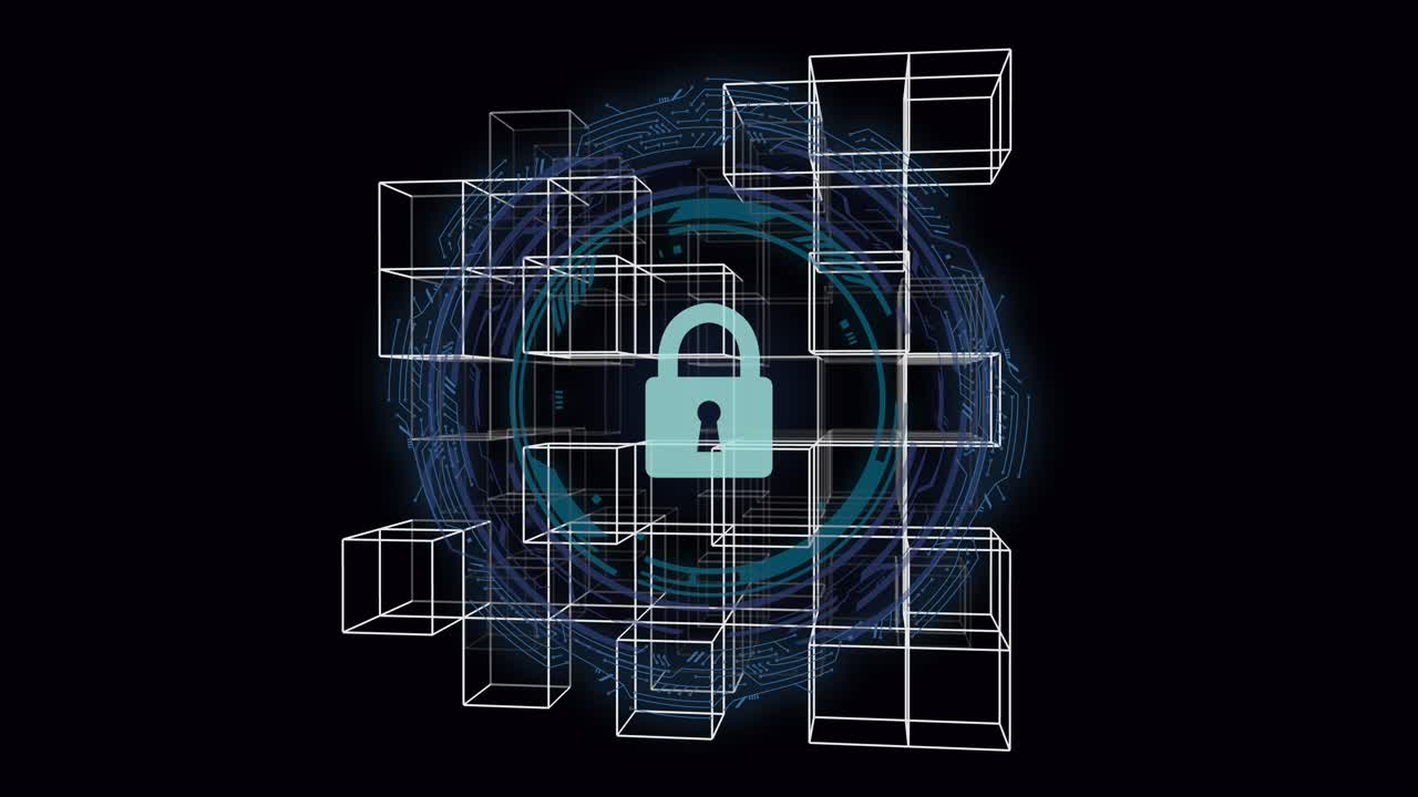 Digital padlock icon surrounded by abstract 3D data blocks