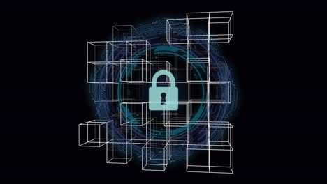 digital padlock icon surrounded by abstract 3d data blocks