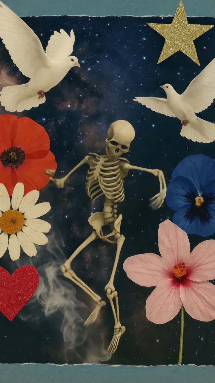 Concetto video surreale con uno scheletro che balla tra fiori e colombe su uno sfondo di cielo stellato.