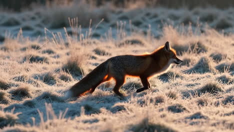 red fox in a frozen field at sunrise