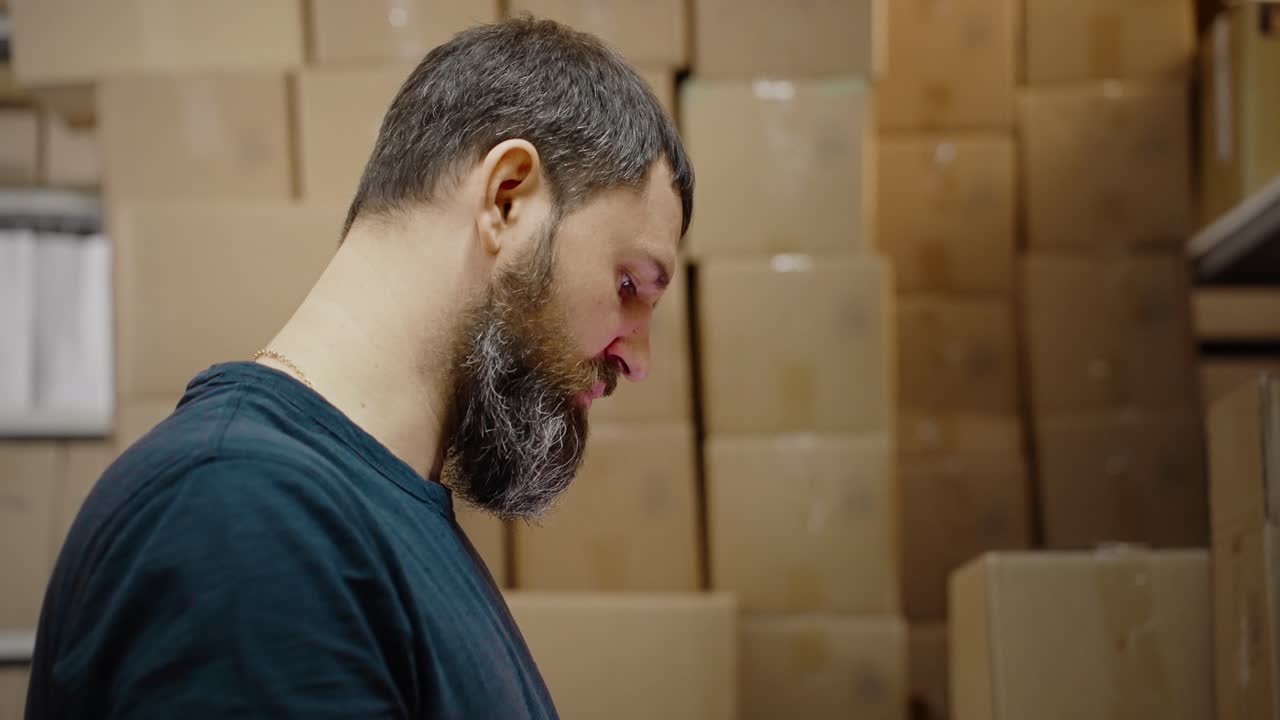 창고 직원이 재고를 확인하고 있습니다.