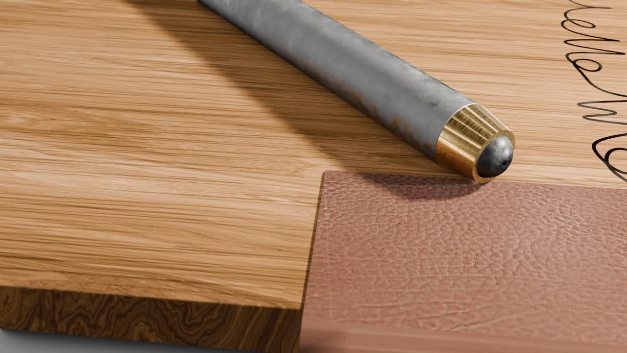 나무 테이블 위에 있는 구식  펜의 3d 애니메이션