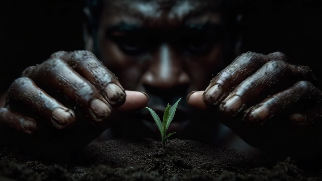 Fomentando el crecimiento: Una conexión entre la humanidad y la naturaleza mientras unas manos cuidan una pequeña planta que emerge de tierra oscura y rica en un momento cautivador de cuidado y compromiso.