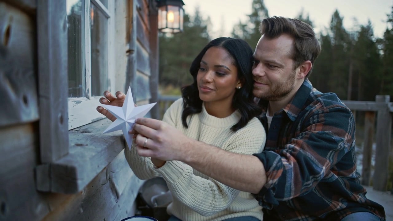 Reaching man in plaid guiding woman in cream knit placing paper star on cabin sill, decorating