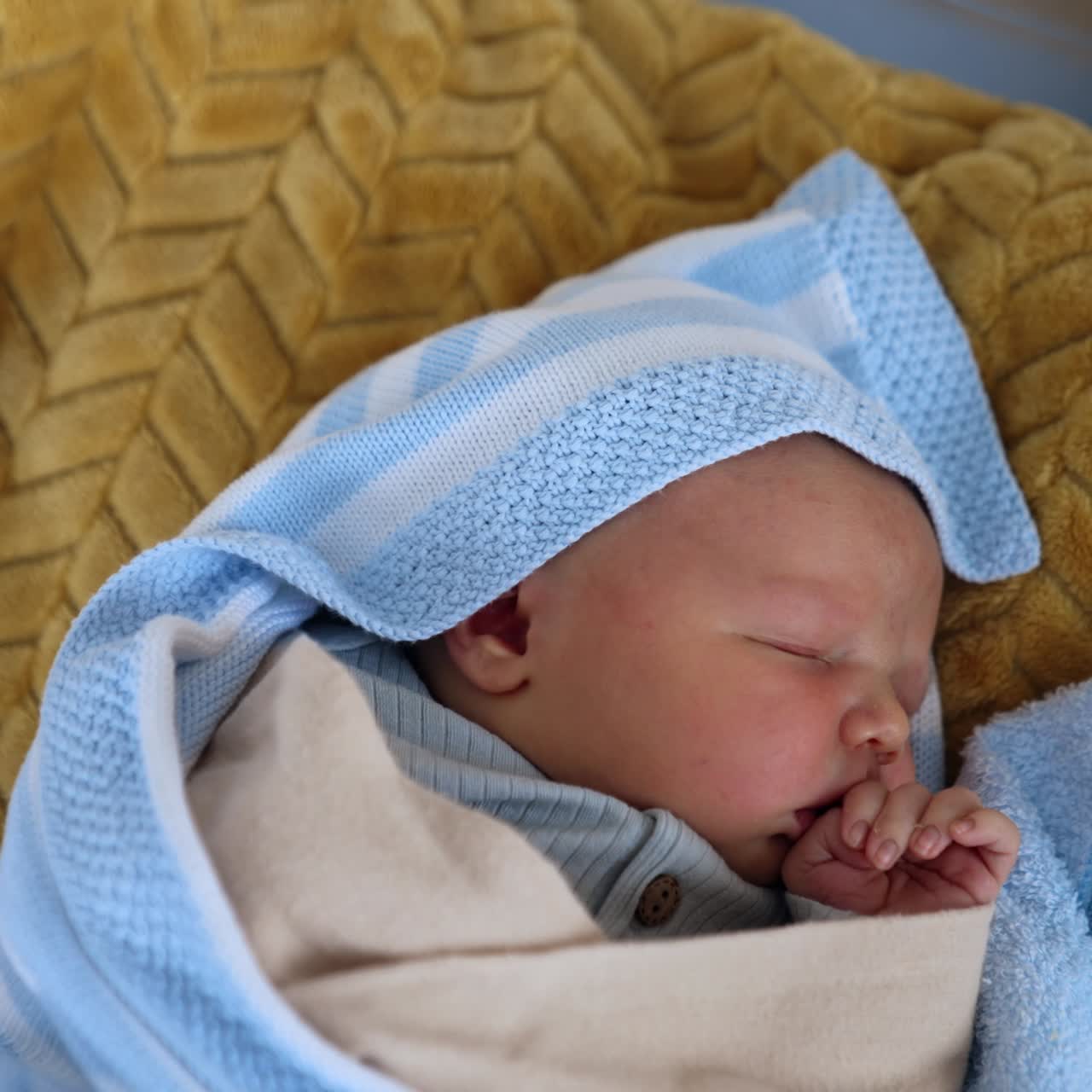 Un neonato carino dorme in una culla. Bambino avvolto in una coperta blu con una piccola mano vicino alla bocca. Vista dall'alto