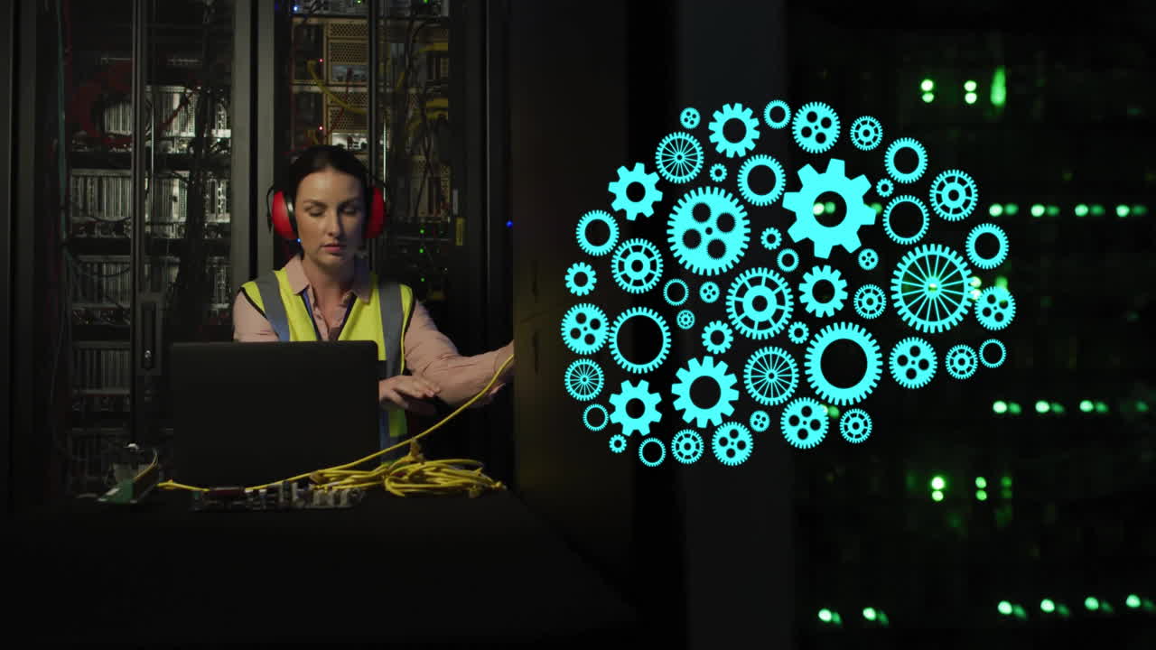 animación de un cerebro de engranaje sobre una técnica caucásica en la sala de servidores