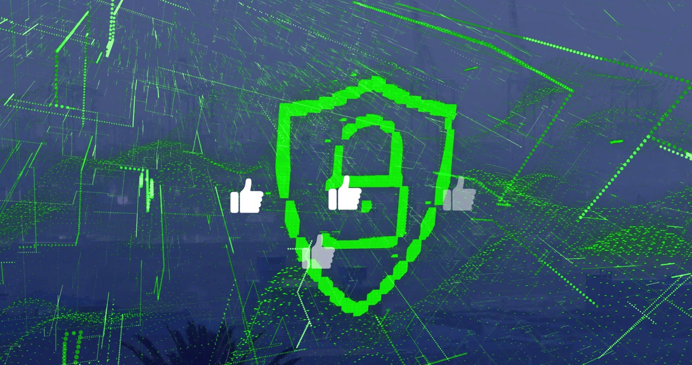 Animation of data processing and social media icons over cityscape