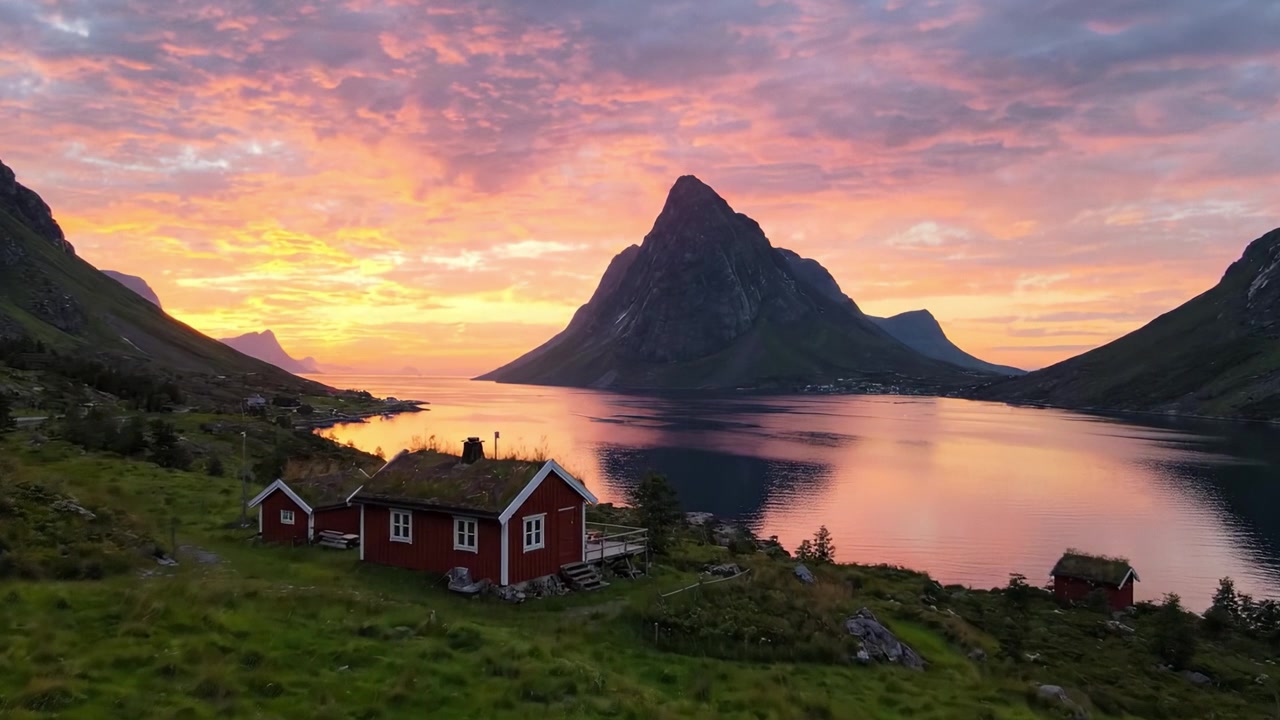 Um Pôr do Sol Deslumbrante Sobre Águas Serenas Refletindo Montanhas Majestosas e uma Casa Vermelha Tradicional em um Cenário Paisagístico Idílico