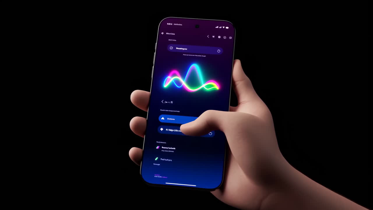 Hand holding a smartphone displaying a mobile app with a vibrant neon sound wave graphic
