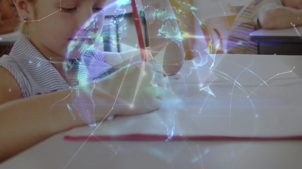 Student boy drawing in education classroom, overlaying rotating holographic globe network lines