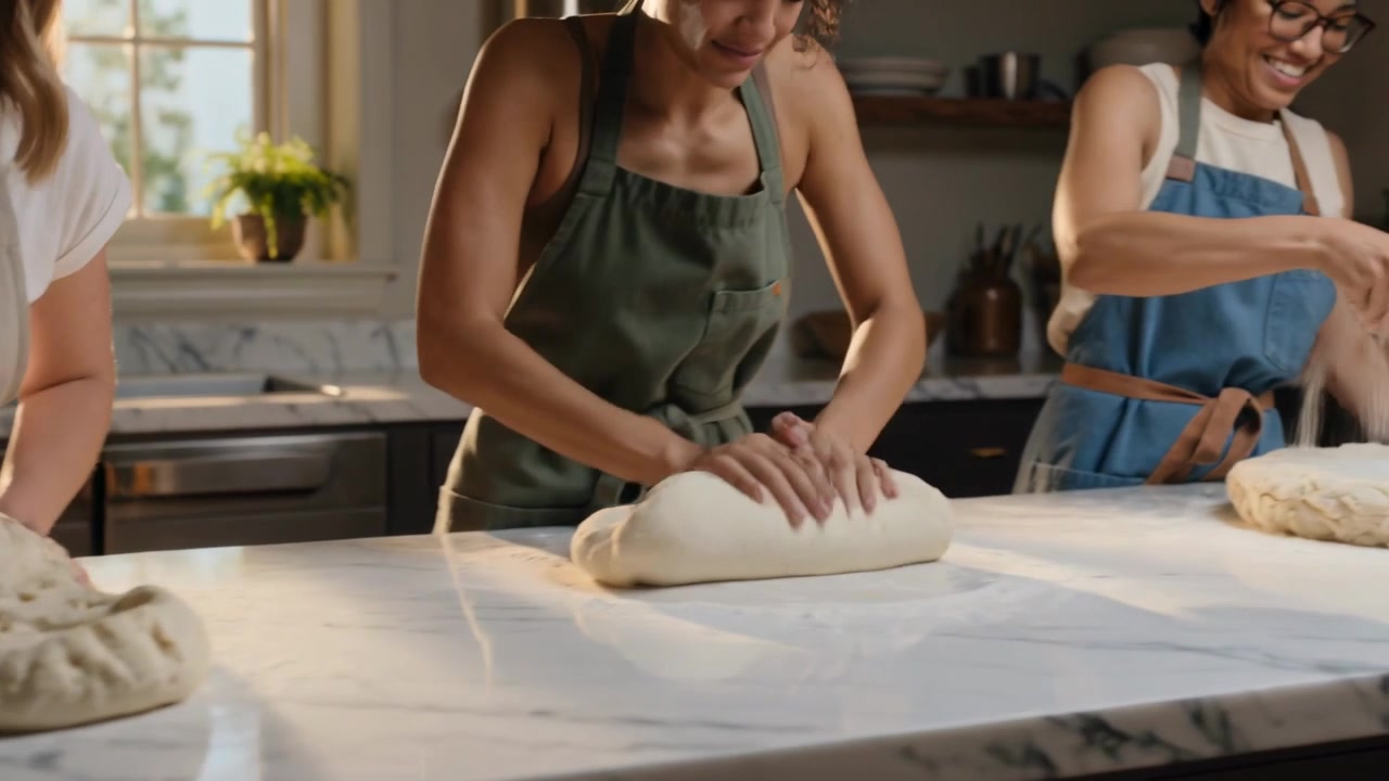 Left pressing dough, trio kneading and rolling loaves on marble kitchen island in aprons to bake