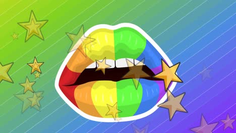 Animation-of-looping-stars-over-multicolored-open-mouth-against-gradient-background