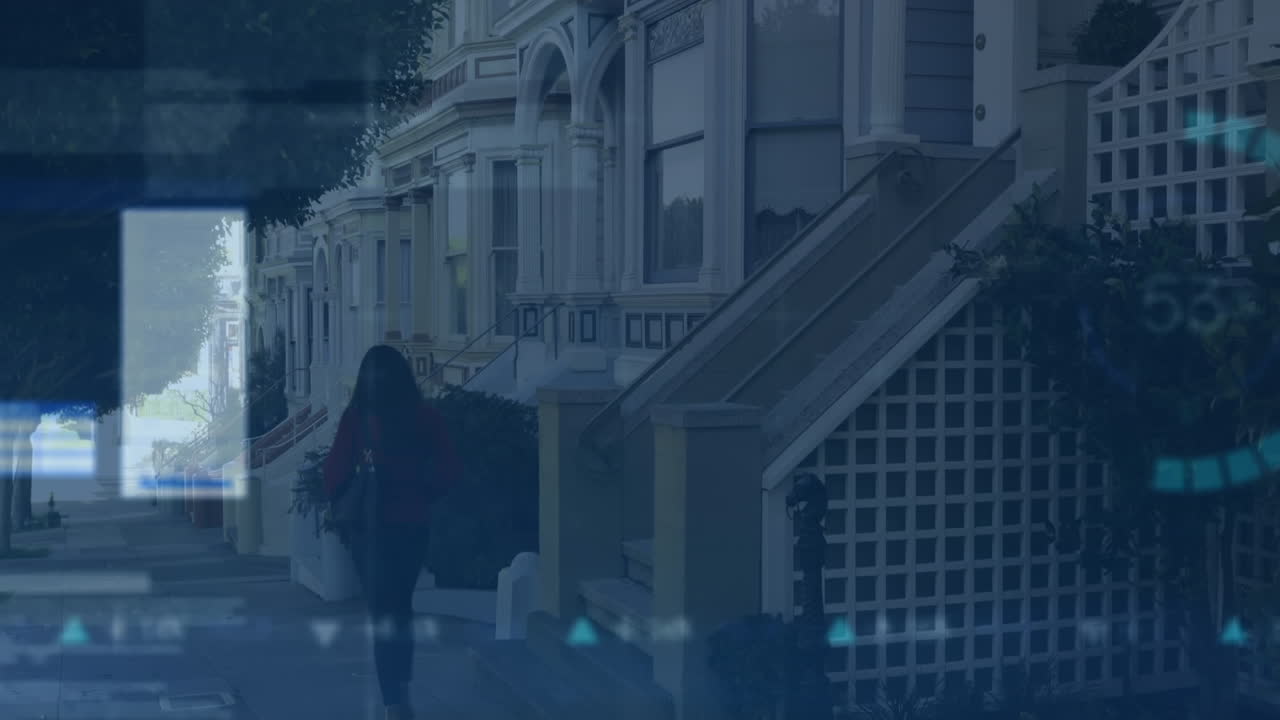 로딩 서클, 그래프 및 트레이딩 보드의 애니메이션 거리에서 는 여성의 뒷면