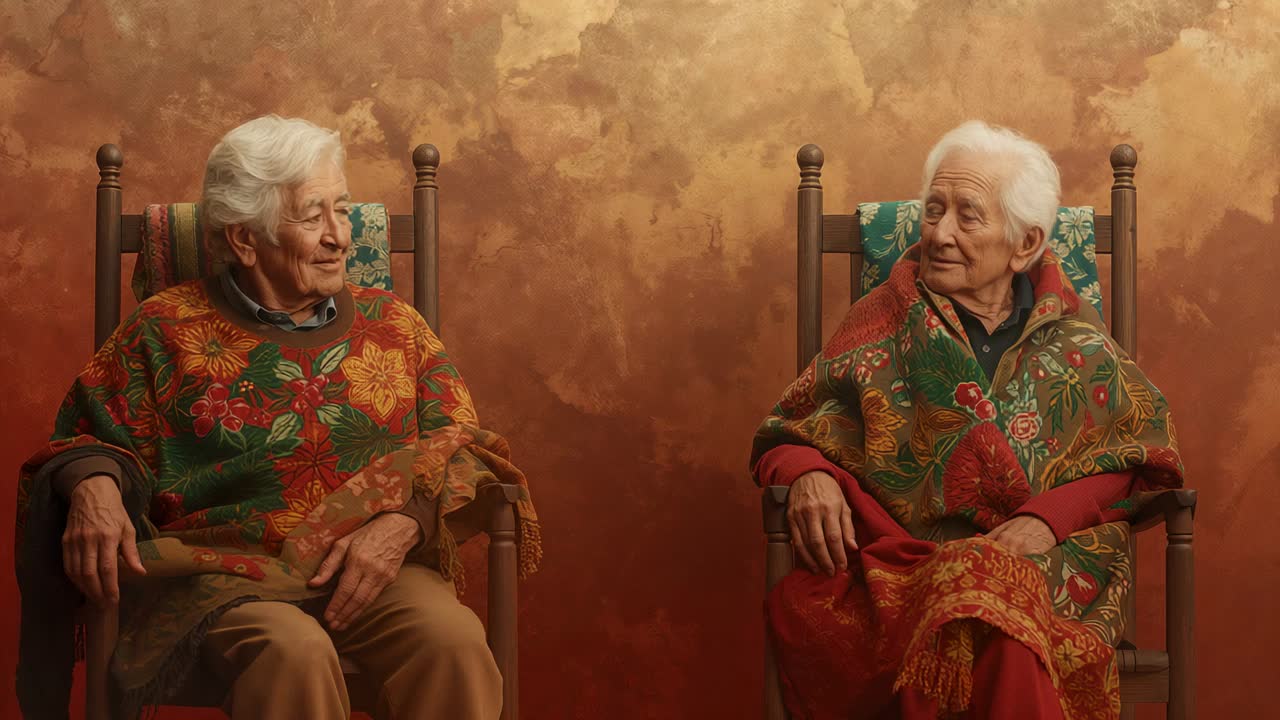 Recognizing companion gaze, senior women exchanging smiles in studio, with wooden armchairs