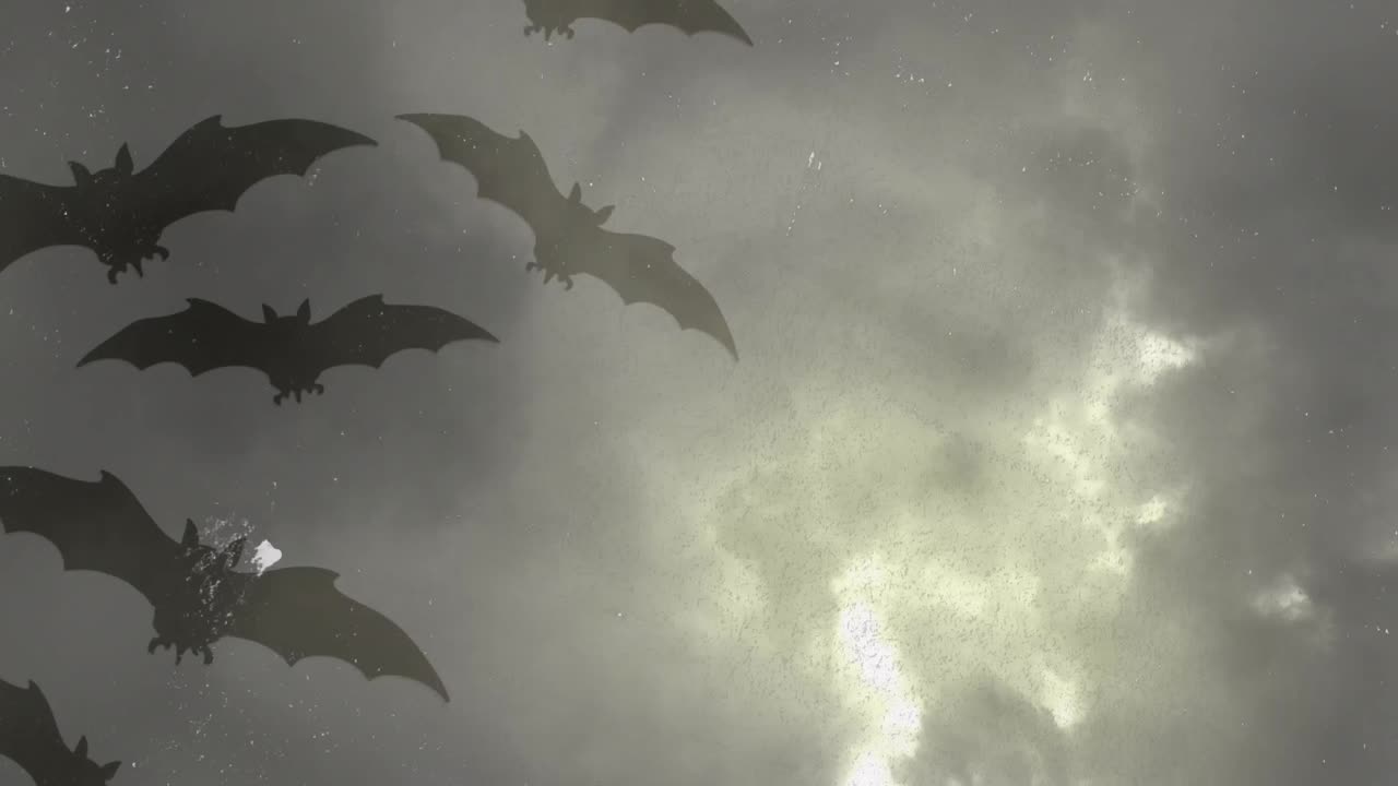 Animazione di pipistrelli grigi di Halloween su cielo grigio e tempestoso con fulmini sullo sfondo.