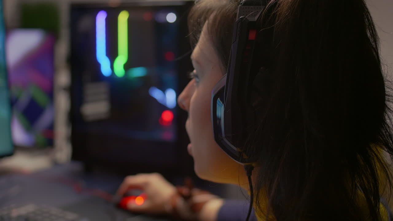 Close-up of pro gamer talking with friends on networks