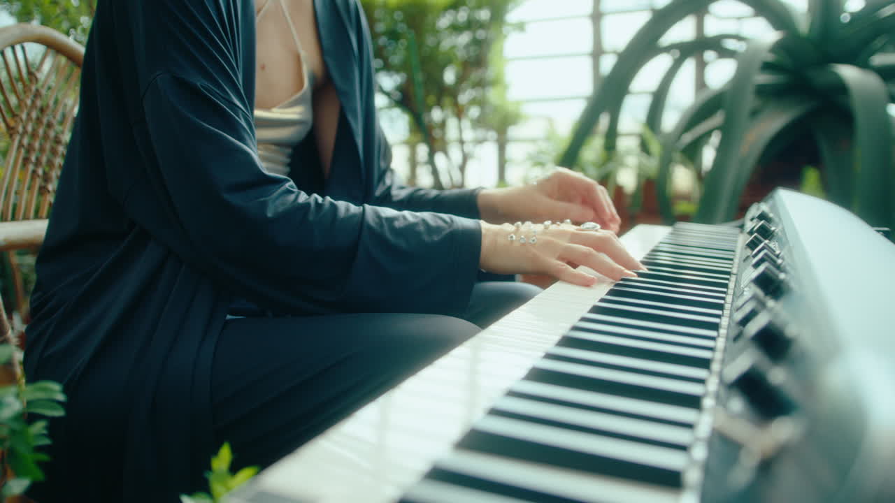 Female Pianist with Gems on Hands Playing Keyboard in Orangery